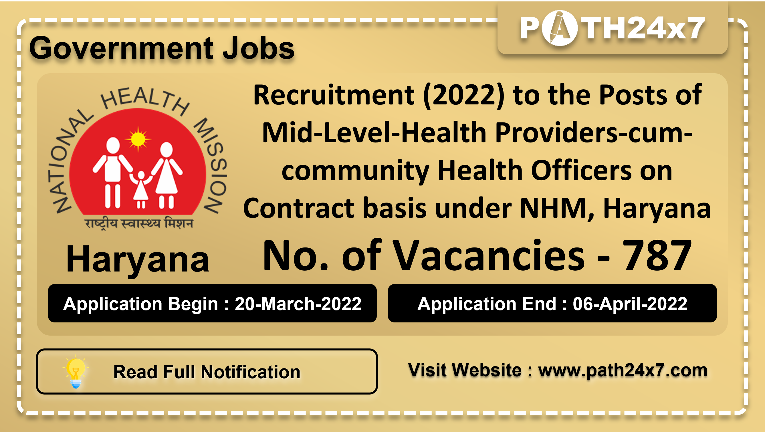 Recruitment (2022) to the Posts of Mid-Level-Health Providers-cum-community Health Officers on Contract basis under NHM, Haryana, No. of Vacancies - 787, Important Dates, Application Fees, Age Limit, Pay Scale, Educational Qualification, Physical Criteria, Vacancy Details, How to Apply By Online | National Health Mission, Haryana